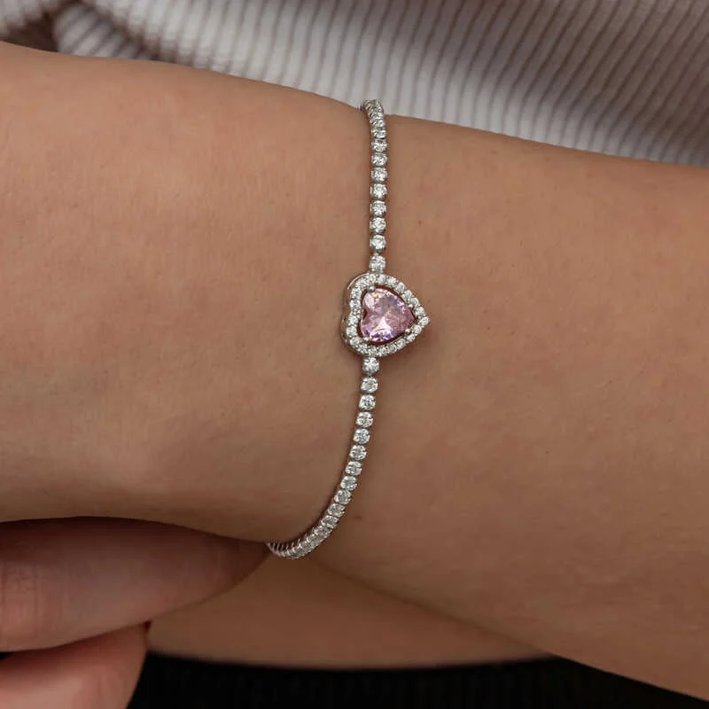 Gümüş Pembe Taşlı Kalpli Su Yolu Bileklik 1 Gümüş Pembe Taşlı Kalpli Su Yolu Bileklik