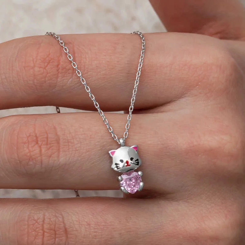 Gümüş Pembe Taşlı Sevimli Kedi Kadın Kolye 2 Gümüş Pembe Taşlı Sevimli Kedi Kadın Kolye