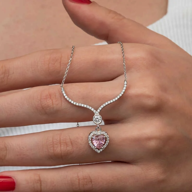 Gümüş Pembe Zirkon Taşlı Kalp Kadın Kolye 3 Gümüş Pembe Zirkon Taşlı Kalp Kadın Kolye