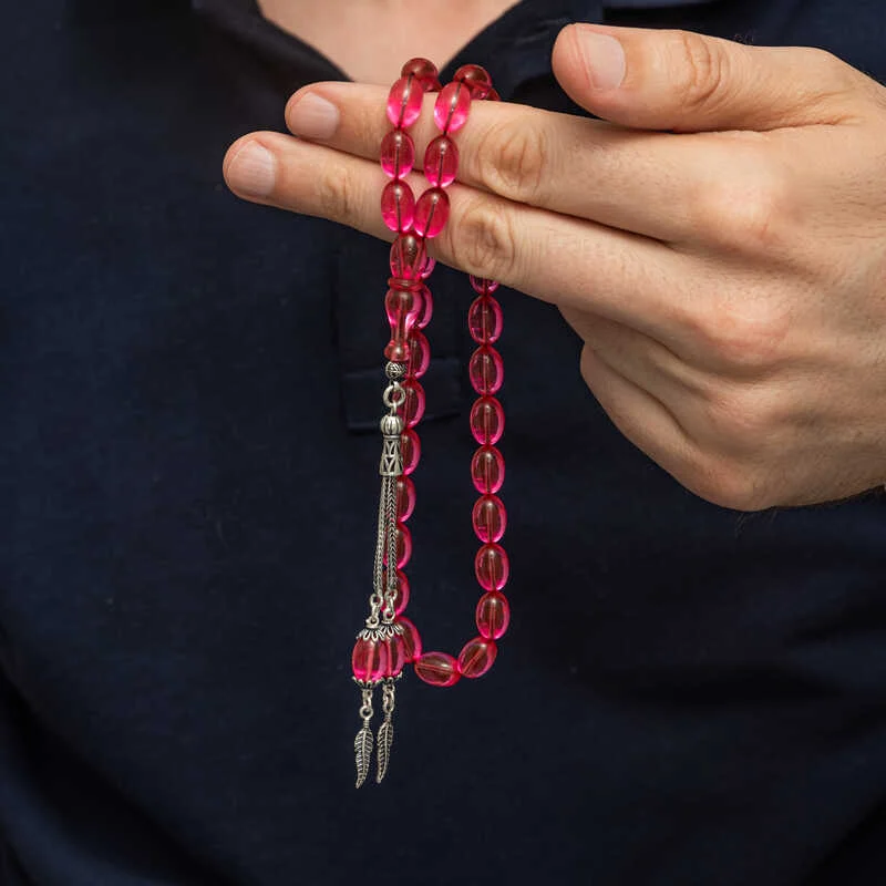 Gümüş Püsküllü Pembe Ateş Kehribar Tesbih 2 Gümüş Püsküllü Pembe Ateş Kehribar Tesbih