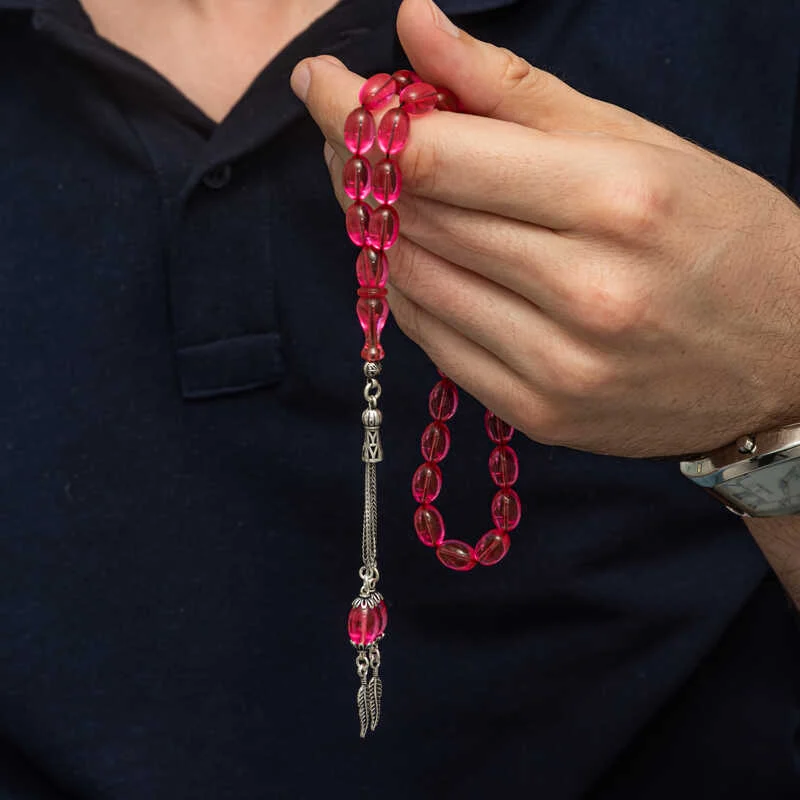 Gümüş Püsküllü Pembe Ateş Kehribar Tesbih 3 Gümüş Püsküllü Pembe Ateş Kehribar Tesbih