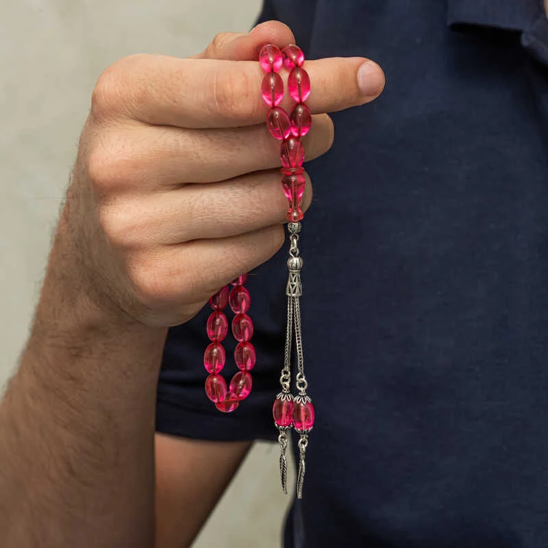 Gümüş Püsküllü Pembe Ateş Kehribar Tesbih 4 Gümüş Püsküllü Pembe Ateş Kehribar Tesbih