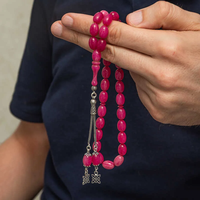 Gümüş Püsküllü Pembe Sıkma Kehribar Tesbih 2 Gümüş Püsküllü Pembe Sıkma Kehribar Tesbih
