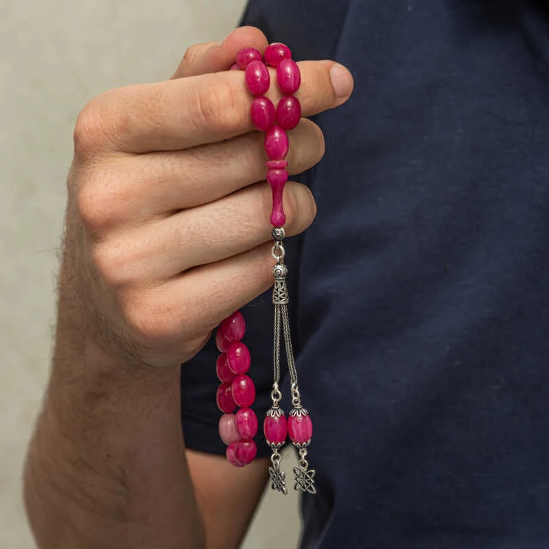 Gümüş Püsküllü Pembe Sıkma Kehribar Tesbih 3 Gümüş Püsküllü Pembe Sıkma Kehribar Tesbih