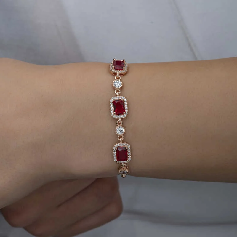 Gümüş Rose Baget Kırmızı Taşlı Kadın Bileklik 2 Gümüş Rose Baget Kırmızı Taşlı Kadın Bileklik