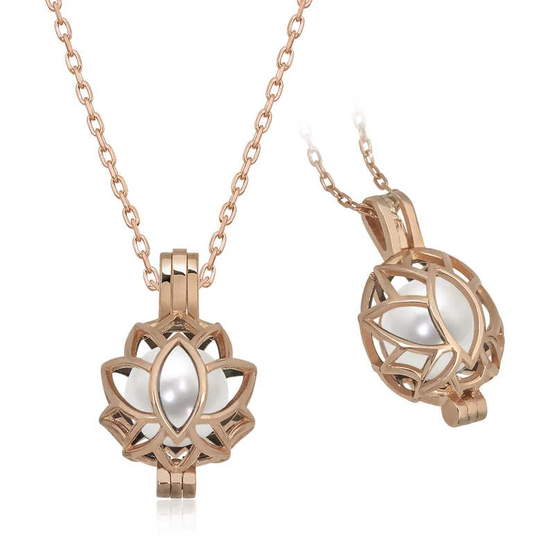 Gümüş Rose Beyaz İnci Kafesli Lotus Kadın Kolye 1 Gümüş Rose Beyaz İnci Kafesli Lotus Kadın Kolye