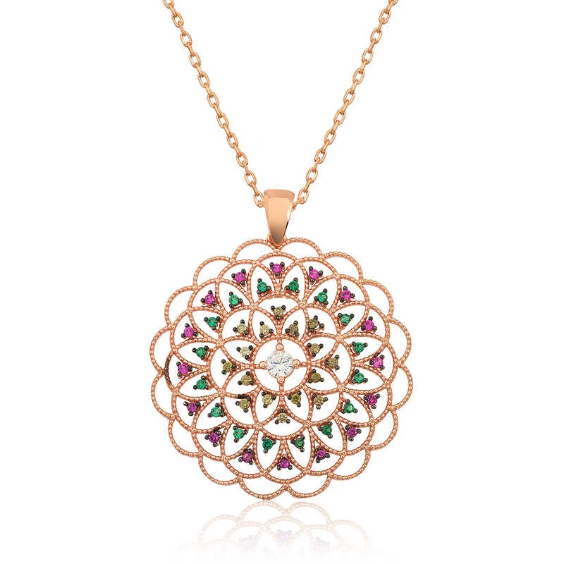 Gümüş Rose Geometrik Desenli Madalyon Kolye 1 Gümüş Rose Geometrik Desenli Madalyon Kolye