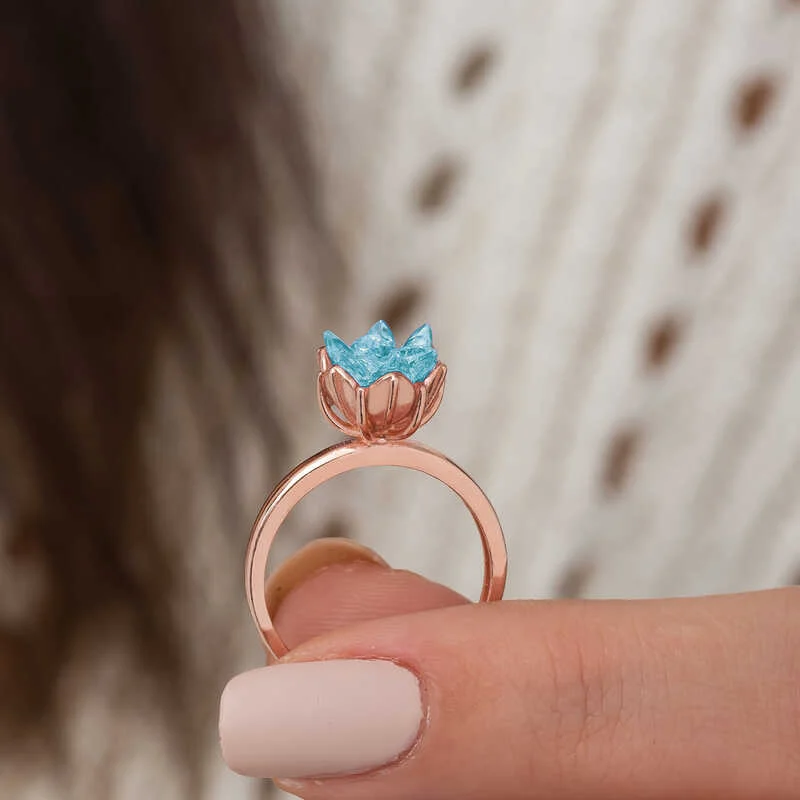 Gümüş Rose Mavi Lotus Çiçeği Yüzük 5 Gümüş Rose Mavi Lotus Çiçeği Yüzük