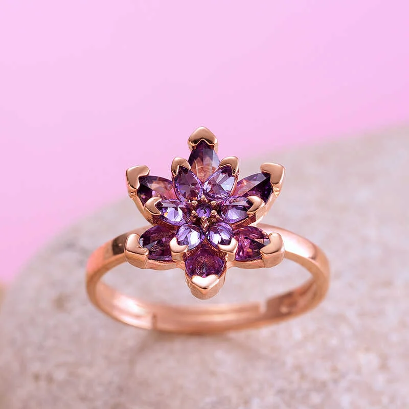 Gümüş Rose Mor Lotus Çiçeği Yüzük 2 Gümüş Rose Mor Lotus Çiçeği Yüzük