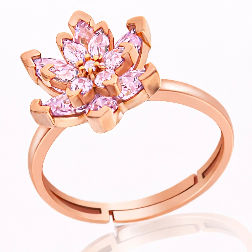 Gümüş Rose Pembe Taşlı Lotus Çiçeği Kadın Yüzük 1 Gümüş Rose Pembe Taşlı Lotus Çiçeği Kadın Yüzük