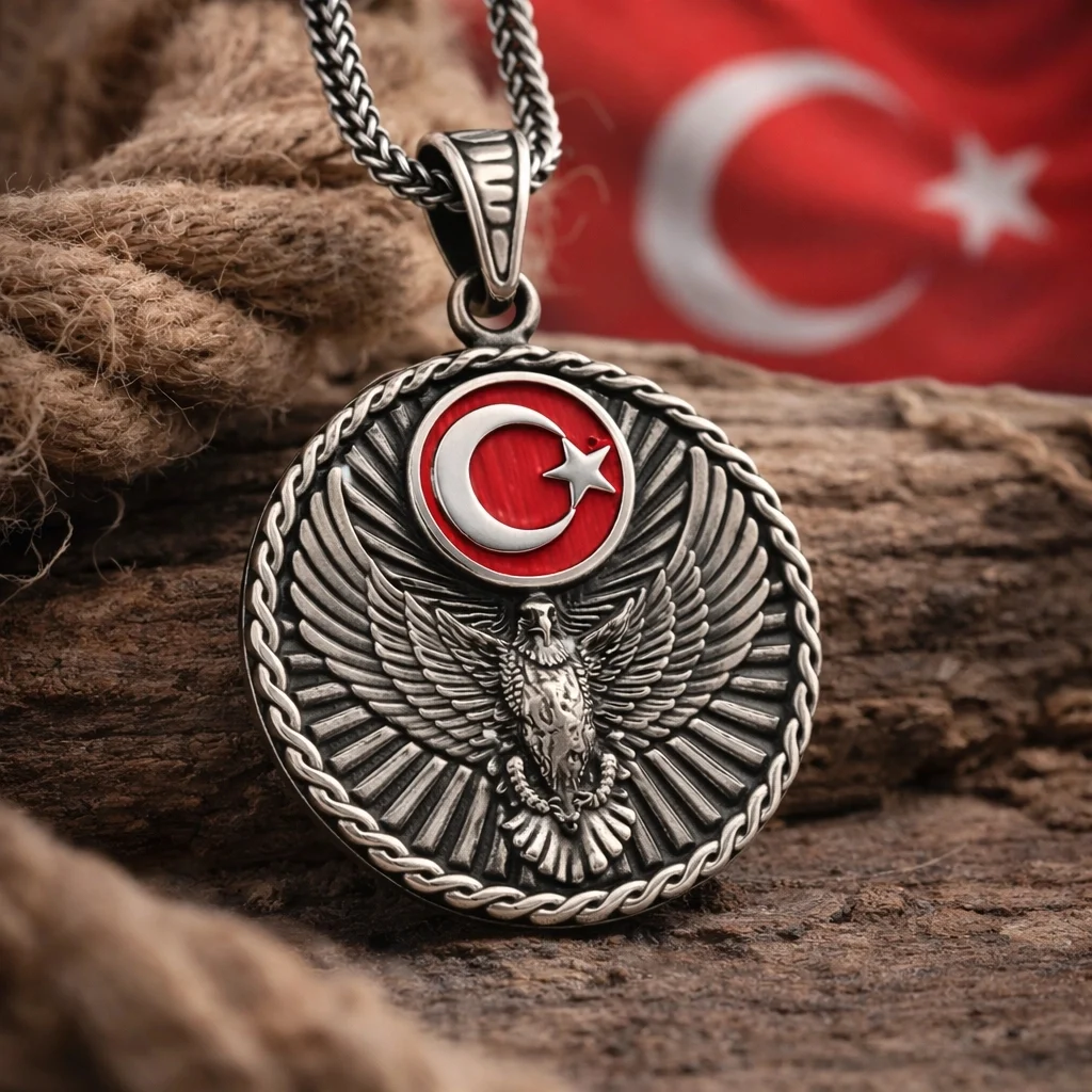 Gümüş Türk Kartalı ve Ay Yıldız Motifli Erkek Kolye 2 Gümüş Türk Kartalı ve Ay Yıldız Motifli Erkek Kolye