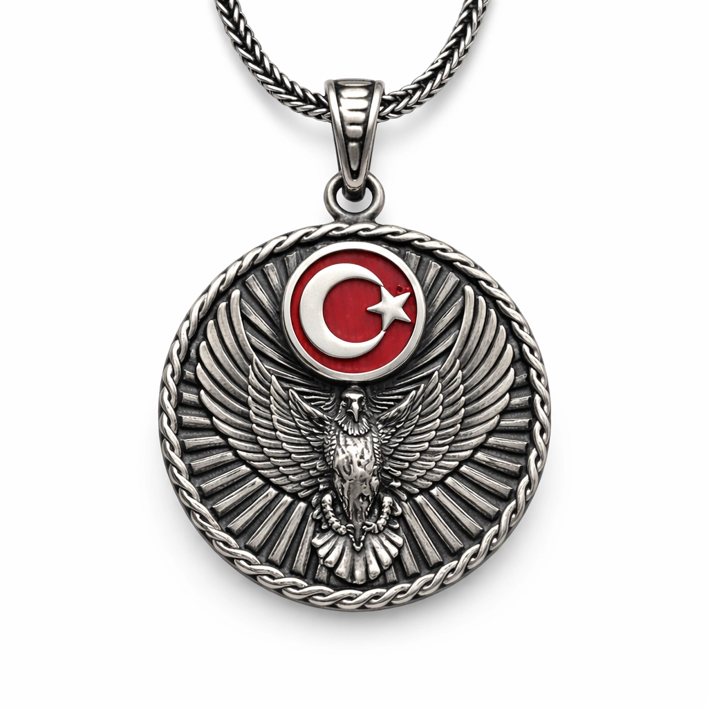 Gümüş Türk Kartalı ve Ay Yıldız Motifli Erkek Kolye 1 Gümüş Türk Kartalı ve Ay Yıldız Motifli Erkek Kolye