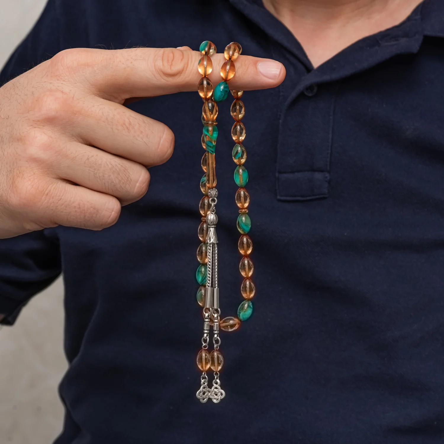 Metal Püsküllü Turkuaz Amber Sıkma Kehribar Tesbih 3 Metal Püsküllü Turkuaz Amber Sıkma Kehribar Tesbih